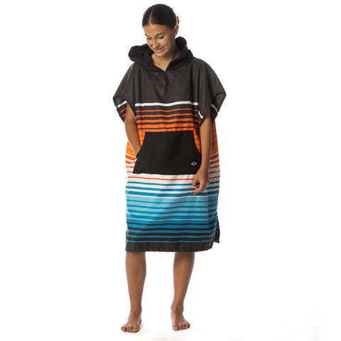 Kids Hooded Changing Poncho Towel For Beach And Pool Microfiber Quick Dry Swim Poncho Soft Suede Like Fabric Lightweight And Absorbent Easy To Change In Front Pocket Kid Sized Ideal For Boys And Girls Sunset Drift Small shown being worn.