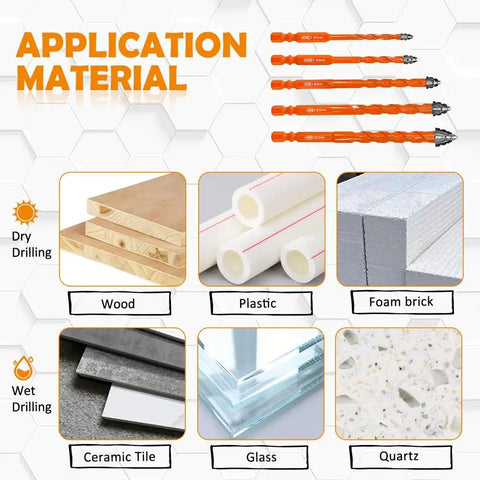 Tough As Nails Serrated Carbide Drill Bit Set Includes Diamond Tile Bits And PH2 Screwdriver Tips Quick Fit Hex Shank For Concrete Brick Glass And Wood Zero Drift Action showing application materials for dry and wet drilling.
