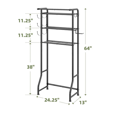 Over The Toilet Storage Cabinet Three Tier Metal Bathroom Shelf Organizer With Paper Holder And Hooks Black Finish