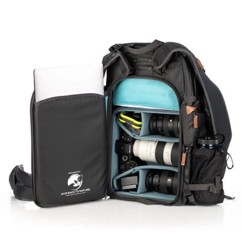Explore V2 30 Starter Kit Camera Backpack For Travel And Outdoor Adventures open view with compartments and laptop sleeve.