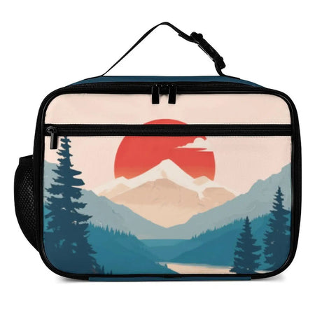 Mountain Landscape Insulated Lunch Box Reusable Cooler Bag Tote For Women Men Kids Sun Design front view with zipper and handle