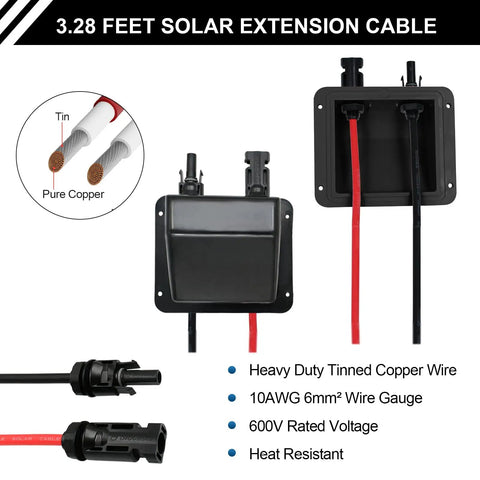 Solar Cable Entry Gland With 10AWG 3.28 Foot Extension Cable UV Resistant And Waterproof Solar Junction Box for RVs and Boats
