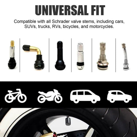 Premium Metal Tire Valve Caps 4 Pack With Plastic Liner Built To Last Durable Corrosion Resistant And Leak Proof Universal Schrader Fit For Cars Trucks Motorcycles And Bikes Black, showing compatibility with various vehicles.