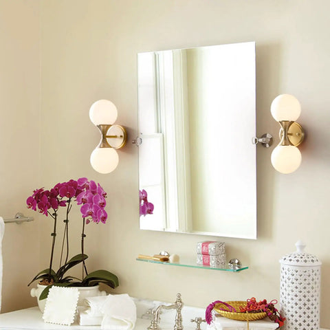 Bathroom vanity with two light wall sconce, E27 socket, round glass shade, copper and glass finish, 36x14x19 cm, mirror front light
