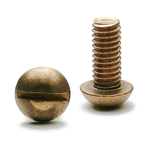 Silicon Bronze Slotted Round Head Machine Screws 3/8-16 Thread, 2-1/2 Inch Length, Qty 25, front view and side view