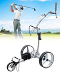 Heavy Duty Three Wheel Electric Golf Push Cart With Reliable Remote Control and Secure Cellphone Holder, shown on golf course.