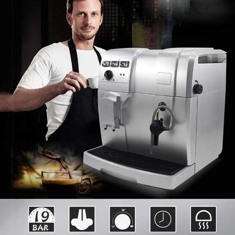 Barista standing next to One Touch Fully Automatic Espresso Machine With Built In Milk Frother And Grinder High Pressure Pump Freshly Ground Coffee 1 To 20 Cup Capacity Auto Brew Easy Clean Home Barista Quality