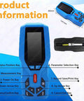 Handheld Surface Roughness Tester With Pro Grade Digital Profilometer showing buttons and product dimensions in blue color