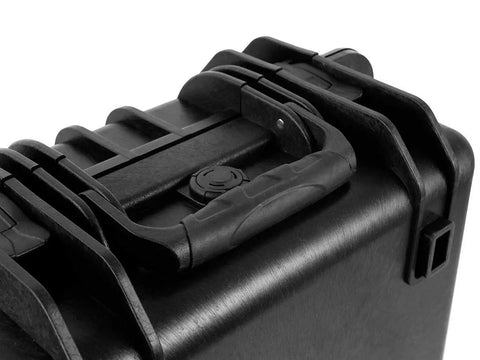 Close-up of handle on IP67 Weatherproof Shockproof Rugged Hard Case With Custom Foam Insert For Gear Protection 19 By 16 By 6 Inch Black Case Tough As Nails For Cameras Lenses Drones And Ammo Outdoor Duty Ready.