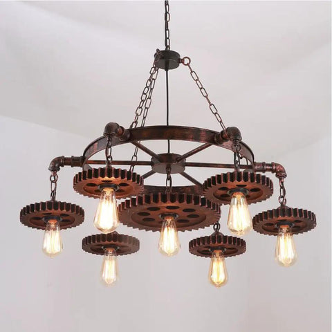 7-Head Farmhouse Chandelier Rustic Industrial Pendant Light For Restaurants, Bars, And Coffee Shops with vintage bulbs.