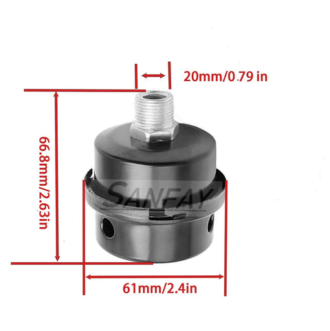 Durable Metal Air Compressor Silencer Filter Replacement With 20mm Thread And One Half Inch NPT Fit, dimensions shown