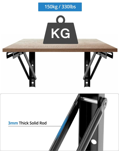 Heavy Duty 24 Inch Folding Shelf Brackets Two Pack wall mounted with sturdy black iron structure holding 330 lbs.