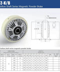 Pro Grade 1000RPM Hollow Shaft Magnetic Powder Brake Kit, side view with technical specifications, Model Hollow-KDT-B-1000