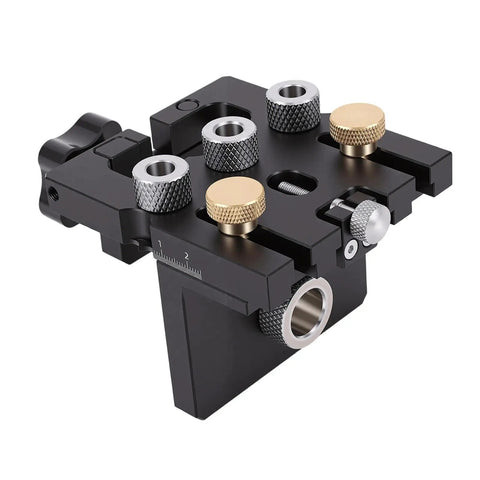 Precision Self Centering Dowel Jig And Heavy Duty Woodworking Kit Featuring 6061 Aluminum Frame 6Mm 8Mm 10Mm Bits And 12Mm Eccentric Roller detail close-up of jig adjustment knobs and aluminum build.
