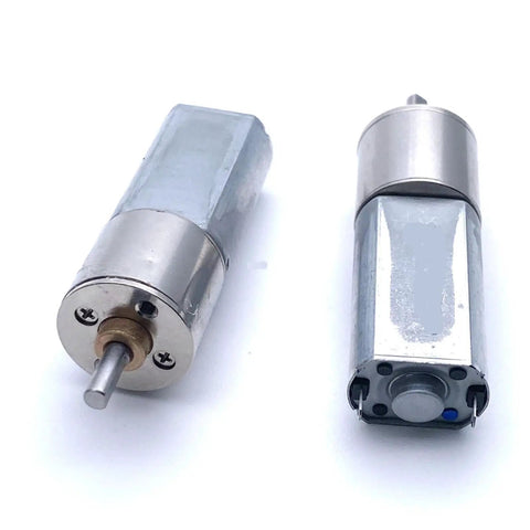 Super Cool 12V DC Gear Motor Tiny Micro Torque Powerhouse For Robot Builds And DIY Projects With Stable Reliable Energy Efficient Performance You Need Today showing two compact metal gear motors.