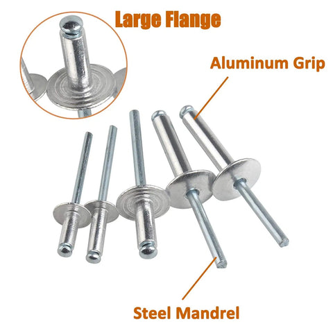 Close-up of 50 Pack Heavy Duty Large Flange Aluminum Blind Rivets 1 8 By 5 16 Inch with steel mandrel and aluminum grip.