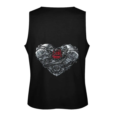 Mens Graphic Tank Top Featuring A Dope Heart Shaped Car Engine Print Breathable Cotton Sleeveless Shirt Made For Gearheads Who Want To Look Fresh Hella Comfy Full Cover Fit 5XL - back view showing bold engine heart design.