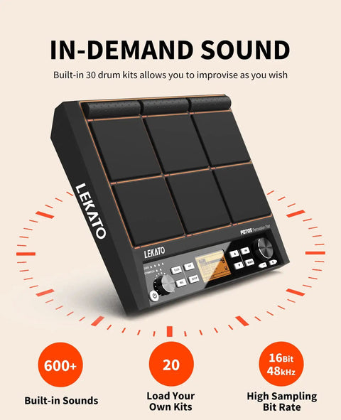 Percussion Sample Pad For Electric Drum Kit With 9 Velocity-Sensitive Pads, 592 Sounds, 30 Drum Kits, USB MIDI, MIDI Out