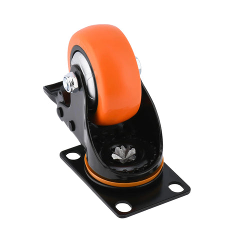 3-inch orange swivel caster with brake on black mounting plate
