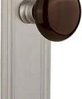 Retro Mission Door Plate With Brown Porcelain Knob, Passage Hardware Set For Two And Three Quarter Backset, Satin Nickel Finish, Solid Brass Plates