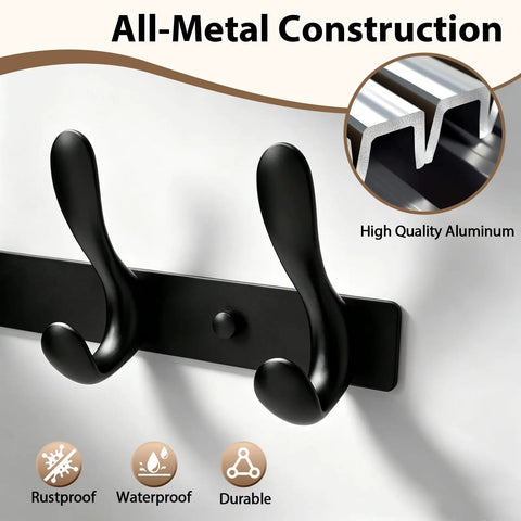 Close-up of Badass Heavy Duty Wall Hooks Slick Black Metal Coat Hanger And Towel Rack with all-metal construction.