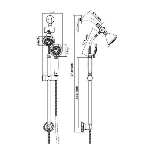 Oil Rubbed Bronze 2 In 1 Shower Head Set With Liftable Handheld 5 Functions Dual Shower Heads 60 Inch Stainless Steel Hose diagram