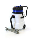 Heavy Duty Industrial Wet Dry Vacuum Two Motor Design With Front Squeegee 24 Gallon Tank 2000 Watt, side view showing hose and wheels.