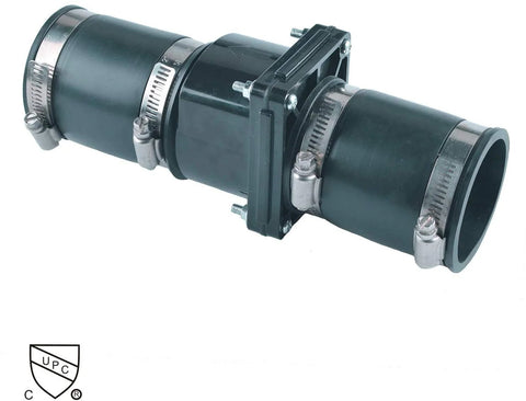 Hydro Master plastic sump pump check valve, 2-inch, black, with stainless steel clamps; side view