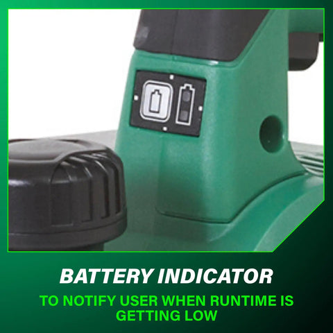Battery indicator on 18V MultiVolt Cordless Hand Planer With Three And A Quarter Inch Cutting Width Tool Only No Battery 16,000 RPM No Load Speed 5/64 Inch Planing Depth Great For Quick Wood Surfaces And Trim Projects