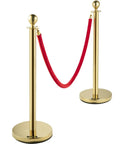 Gold Stanchions With Velvet Ropes Set Of 4, Solid Concrete Base And Stainless Steel Posts, 5ft Red Velvet Ropes For Crowd Control, Red Carpet Event Barriers, VIP Entry Decor For Parties And Events, featuring two gold posts and a red rope.