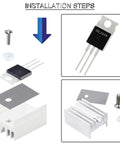 20 Pack IRLZ44N IRLZ44NPBF N-Channel MOSFET Transistors TO-220AB 55V 47A With Heatsinks And Hardware Includes Screws Washers For DIY Power Electronics Projects And Hobbies. installation steps showing IRLZ44N TO-220AB transistor, heatsink, screw, and washer