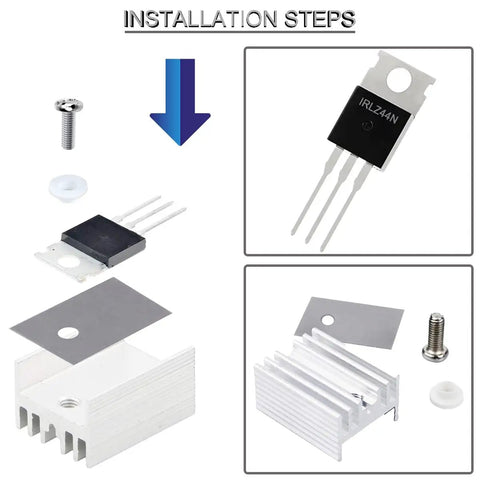20 Pack IRLZ44N IRLZ44NPBF N-Channel MOSFET Transistors TO-220AB 55V 47A With Heatsinks And Hardware Includes Screws Washers For DIY Power Electronics Projects And Hobbies. installation steps showing IRLZ44N TO-220AB transistor, heatsink, screw, and washer