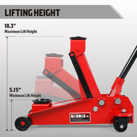 3 Ton Floor Jack With Fast Lift Hydraulic Service Jack Made From Heavy Duty Steel, Car Jack For Garage And Shop, Lifts From 5.15 To 18.3 Inches, 4 Inch Saddle, Ultra Durable, Ideal For Your Auto Repair And Emergency Roadside Fix side view showing lifting height range.