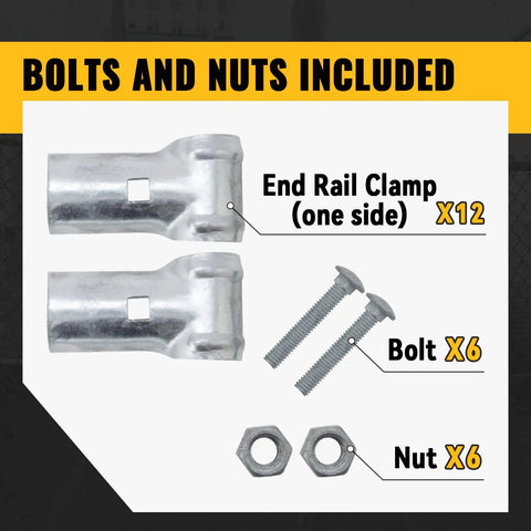 Heavy Duty End Rail T Clamps For 1-3/8 Inch Chain Link Fence Fittings, bolts and nuts displayed on package surface, set of 12