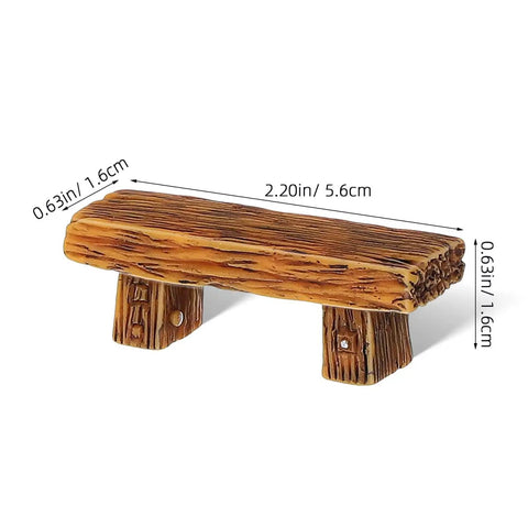 Miniature Bench Set Resin Faux Wood Six Piece for Crafts Micro Landscape Dollhouse and Fairy Garden Accessories 2.20 Inch Cute Tiny Outdoor Decor for DIY Projects shown from side with measurements in inches and centimeters