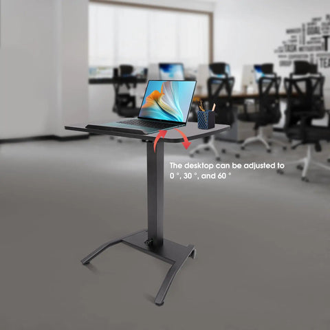 Height Adjustable Standing Desk Podium With No Sweat Foot Pedal And Smooth Roll Casters For Teachers Ergonomic Mobile Lecture Stand offering adjustable desktop angles for comfortable use.