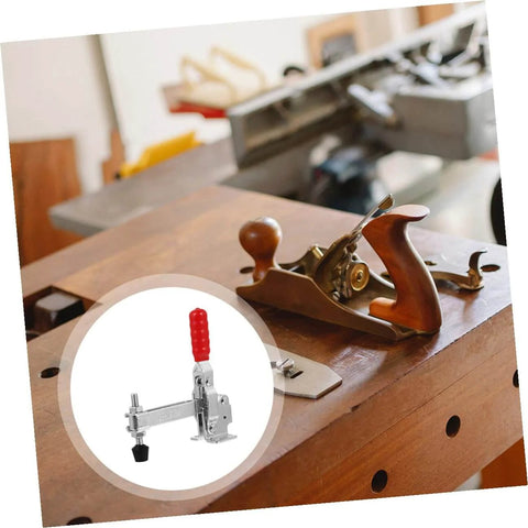 Two Pack Quick Release Toggle Clamps For Welding And Woodworking Iron Fixed Holding Clamps on a woodworking bench