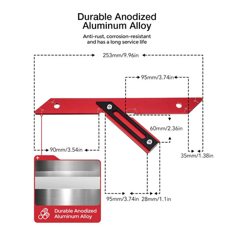 Dual Angle 45 And 135 Degree Woodworking Ruler Rugged Pro Grade Aluminum Carpenter Measuring Tool with dimensions