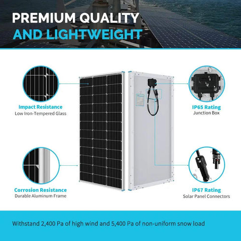 200 Watt 12 Volt N Type Solar Panel Kit With Adventurer 30A Charge Controller showing impact resistance and IP67 connectors.