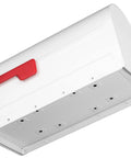 Underside view of Big White Post Mount Mailbox With Front Access Door, Embossed Panels, reinforced door bracket, white steel finish.