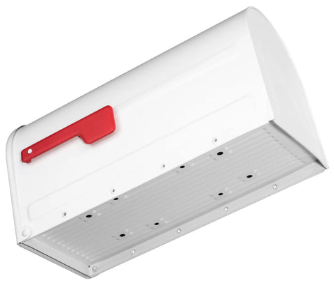 Underside view of Big White Post Mount Mailbox With Front Access Door, Embossed Panels, reinforced door bracket, white steel finish.