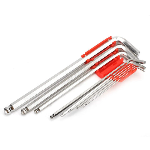 Heavy Duty Nine Piece Metric Hex Key Set Wrench Kit Storage Cover Chrome Vanadium Steel Auto Repair Machine Handles 1 5 Mm To 10mm Bolts Rugged Build Stops Snapping Grinds Fixed Repairs Shop Mechanics Finish Work Save Avoid Brands, nine chrome vanadium hex keys in red holder