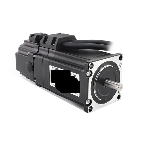 Servo motor, NEMA23 frame, black housing with silver front plate and exposed shaft