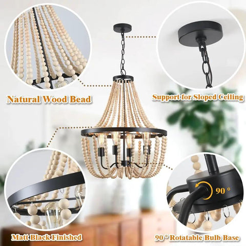 Fab Boho Wooden Bead Chandelier With Large Two Layer Maple Beads 4 Light Farmhouse Pendant Light showing details and features