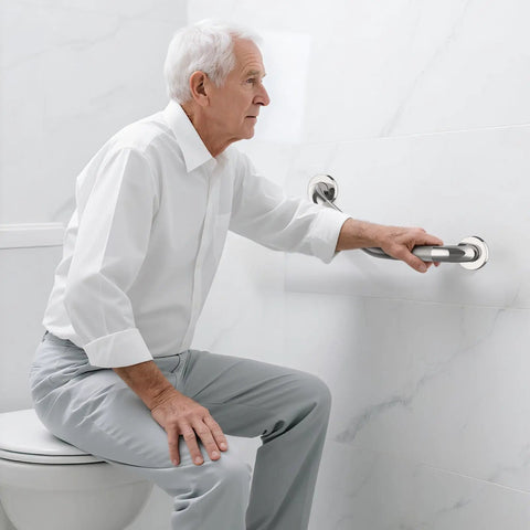 Tough As Nails Heavy Duty 16 Inch Angled Shower Grab Bars 2 Pack used by senior man for support near toilet