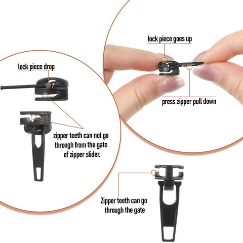 Close-up of a 48 Piece Zipper Repair Kit With Metal Sliders And Pulls For Jackets Backpacks Tents And Luggage Easy Zipper Fix