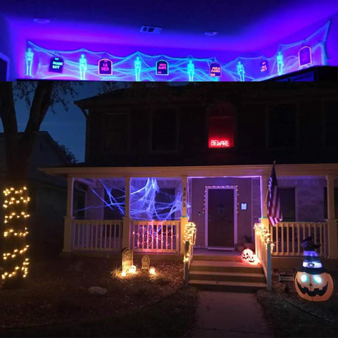 Halloween porch decor illuminated by 40 Foot LED UV Black Light System With 120 UV LEDs 8 Modes Flexible String Fixtures Fairy Lights