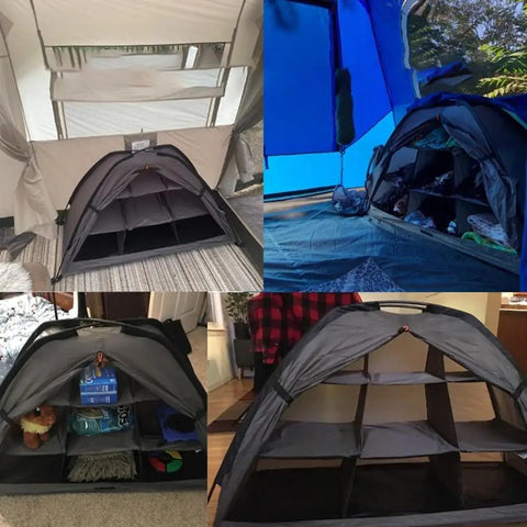 Collapsible Camping Storage Organizer with Nine Shelves, heavy duty oxford cloth gear rack for shoes and clothes, portable gray