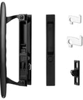 Heavy Duty Black Diecast Sliding Door Handle Set With Secure Non Keyed Lock components, includes handle, lock, and strike plates.