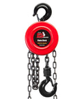 Top Shelf Manual Chain Block Hoist With Double Hook Setup And Precision Load Brakes Built Tough For Six Thousand Pound Lifting Jobs Around The Shop Without Breaking A Sweat with red body and black chain hooks.